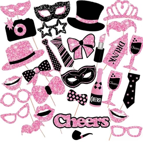 FAINCA 30 Piezas Accesorios Photocall Cumpleaños con 30 Palitos Photocall Boda Cinta Adhesiva de Doble Cara Fotocoll de Cumpleaños Impresión con Purpurina para Birthday Navidad Carnavales (Rosa)