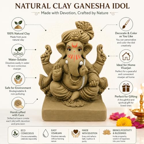 Image of Clay Ganesh Idol, 4 Inches Height, Water Soluble Ganpati Murti for Ganpati Visarjan (Small) (Natural Brown - Turban Ganesha)