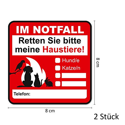 Hinweis-Aufkleber Set Haustier-Rettung I 2 Stück I 8 x 8 cm I Im Notfall retten Sie bitte meine Haustiere! I zum Ausfüllen I für Haus-Tür Kühlschrank und Auto I hin666