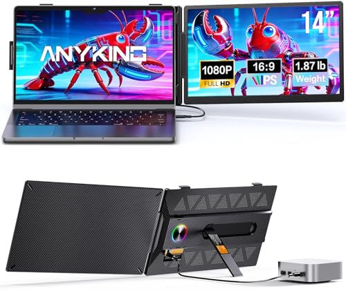 Anyking Laptop Screen Extender, 14” FHD 1080P Portable Monitor for Laptop with 100% sRGB, Dual Screen Extender for Laptop 13–17.3”, Plug & Play External Monitor, Business Travel & Home Office