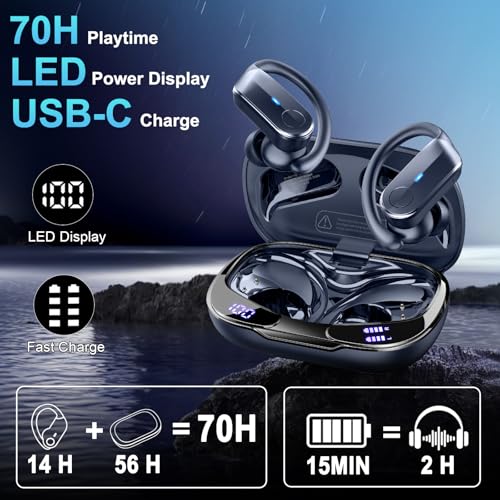 Image of Ordtop Sport Wireless Earbuds with Earhooks, 70H, IPX8 Waterproof, Blue | Bluetooth 5.4, 4 ENC Microphones, Deep Bass Sound, LED Display, USB-C Fast Charging, Secure Fit For Running, Gym And Workouts