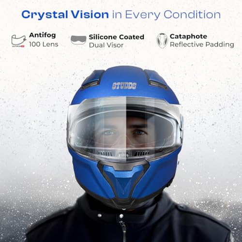 Image of STUDDS Helios ISI and DOT Certified Full Face Helmet with Antifog 100 Lens, Sporty Spoiler (MATT Blue - XL)