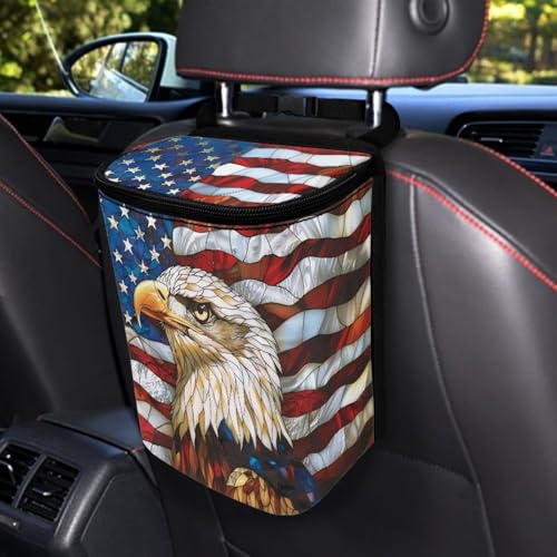 Image of Talayituse Eagle American Flag Print Car Trash Can Portable Auto Garbage Bin Multifunctional Vehicle Interior Accessories with Adjustable Straps Universal Fit Truck SUV Sedan