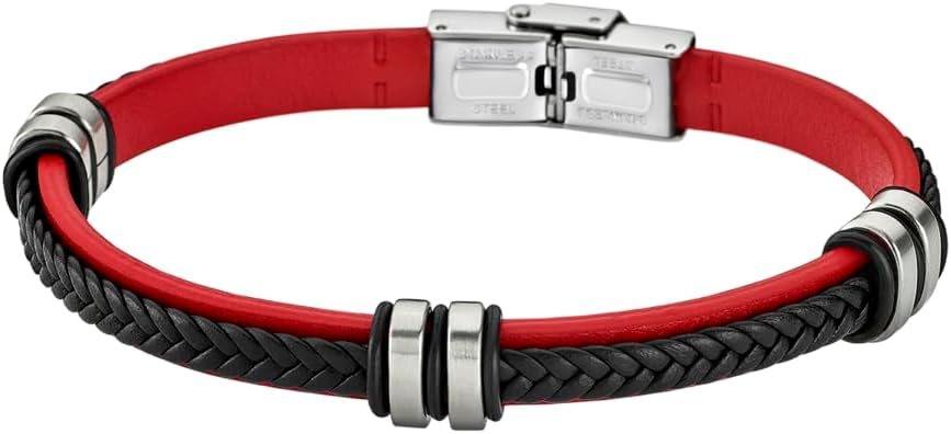 LS1829-2/3: Men's Leather and Steel Bracelet - Red and Black