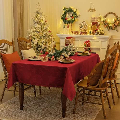 Softalker Christmas Jacquard Tablecloth, Winter Vintage Damask Rectangle Table Cover, Waterproof Poinsettia Snowflakes Polyester Table Cloths Decor for Holiday, Dining, Party - 60 x 84 inch, Red – Image 5