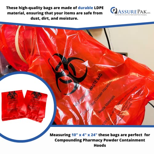 200 Bags - Hazardous Waste Chute Red Color Bag 10" X 4" X 24" For Compounding Pharmacy Powder Containment Hoods #TOP4
