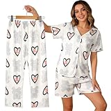 BSMKD 3 Piezas Pijama Suelto de Verano para Mujer, Conjunto de Pijama Incluir Mangas Cortas, Pantalones Cortos,...