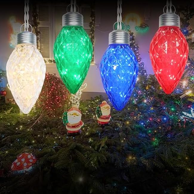 Multicolor Jumbo C9 Christmas Lights - 4 Bulbs 60 LED Giant C9 Outdoor Hanging String Lights for Tree Porch Gazebo Eave Decorations, 12 Feet White Wire, Connectable, Multi-Colored - Twinkling
