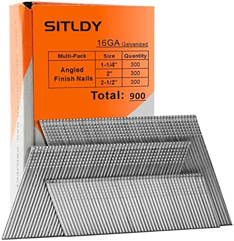 SITLDY 16 Gauge Angled Finish Nails, 20-Degree, 900-Pack (1-1/4", 2", 2-1/2", 300 Per Sizes), Galvanized Assorted Size Project Pack