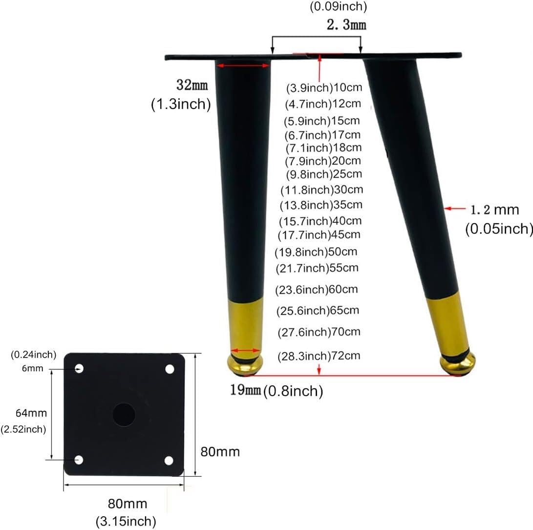 Regulowane metalowe nogi meblowe, zestaw 4 sztuk, żelazne nogi zastępcze do stołów i sof, wysokość 10,5-72,5 cm, nachylenie 30 cm, ukośne 17,5 cm, zwiększają stabilność i styl