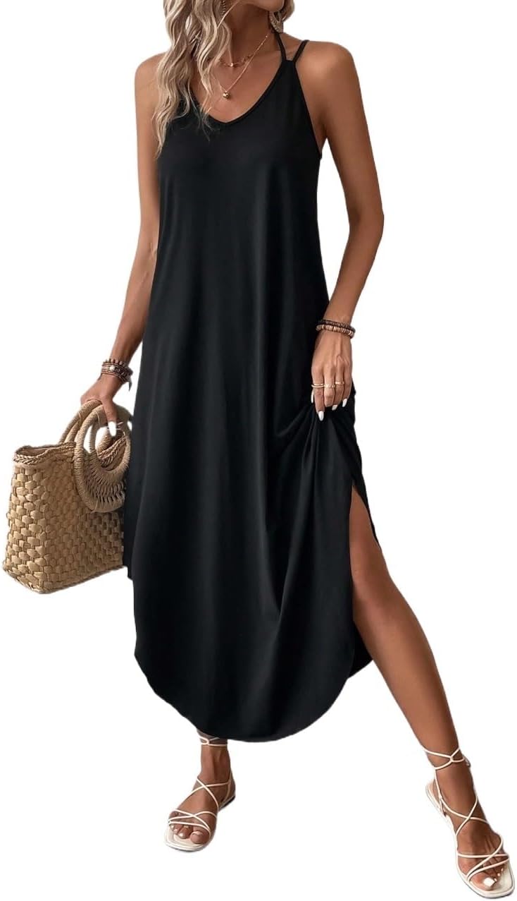 Women's 2024 Summer Cami Slip Midi Long Dress Solid Curved Hem Cami Dress
