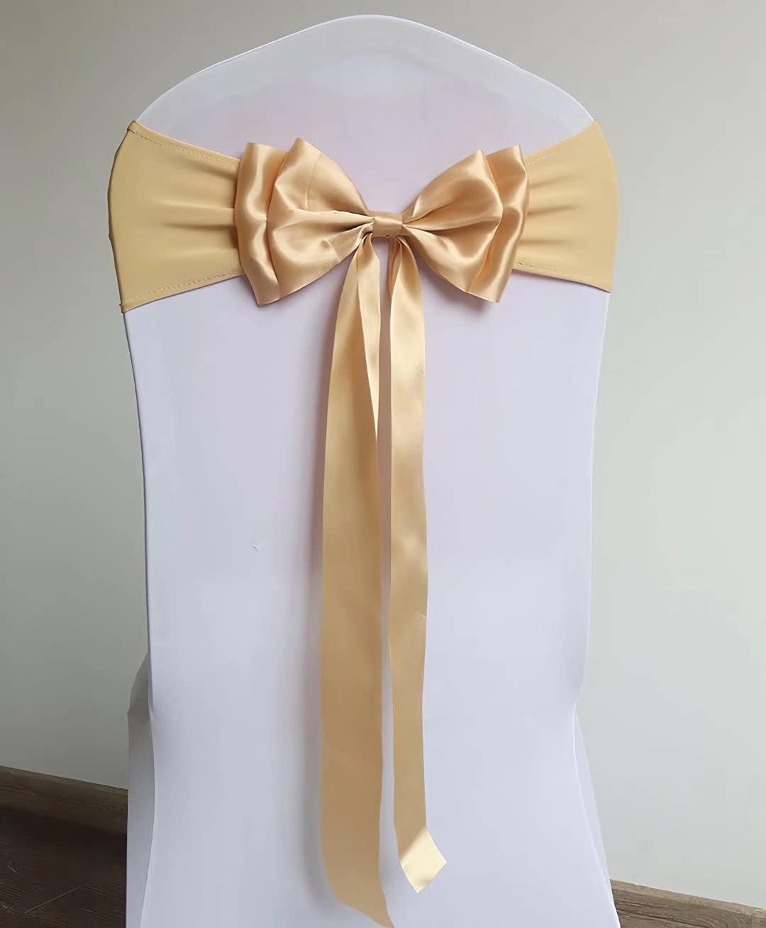 50Pcs Stretch Chair Sashes Double Bows Chairs Bands Spandex Cover Decoration for Wedding Party Birthday Banquet Decor Christmas or Events Supplies Decoration Champagne