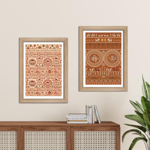 Image of TenorArts Traditional Tribal Folk Art Photo Frame Set of 2 , Indian Rural Arts Decor Wall Hanging Painting For Bedroom Living Room Cafe and Home decor / Minimal Drawing Framed Posters for Decoration (9x12 inches) [T2P-03T]