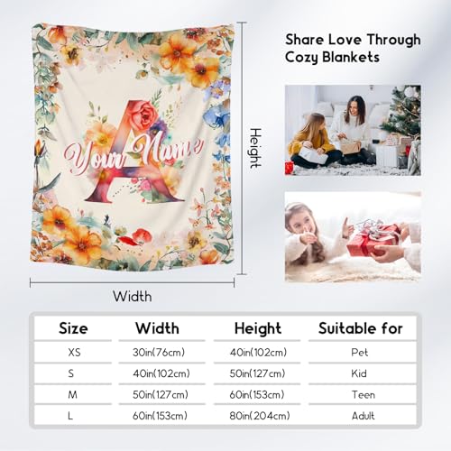 Custom Blanket with Name, Flower Initial Throws Gift for Kids, Soft Anniversary Birthday Gifts for Her, Cozy Flannel Throw Blankets for Couch Office, 30x40 Inches