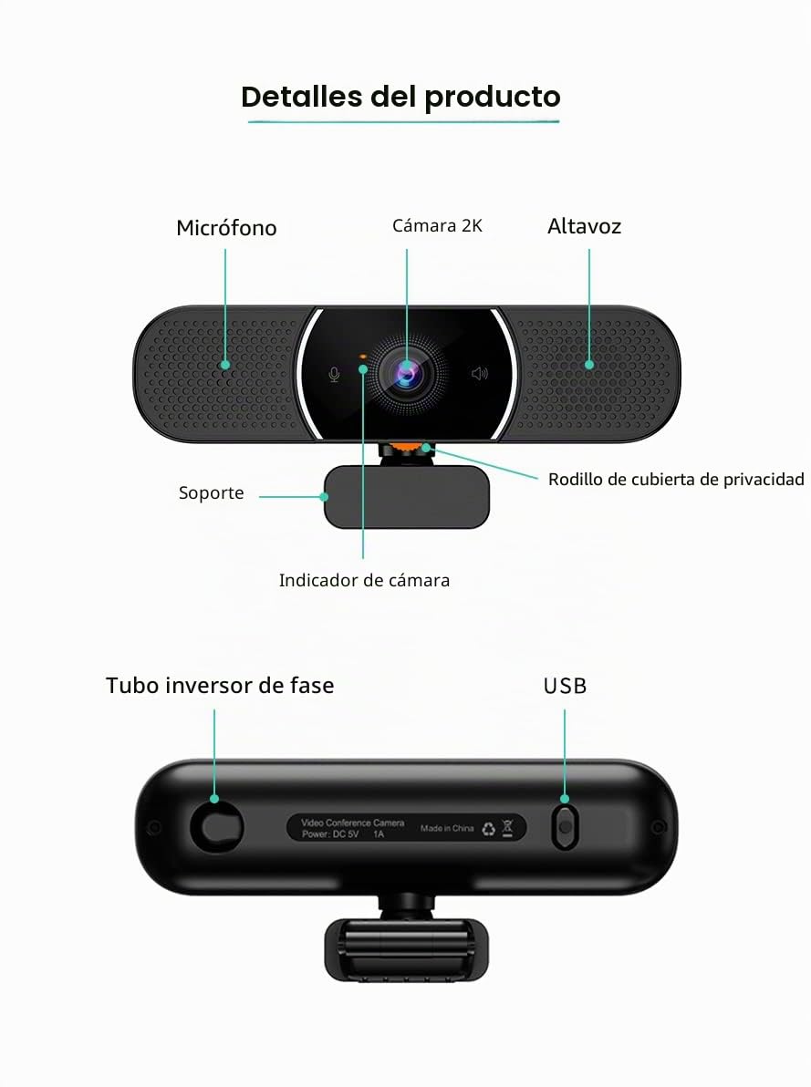OwlBar Mini, cámara de videoconferencia, Webcam 2K QHD, Altavoz, micrófono, para Oficina o Sala de reuniones con 1-4 participantes, Compatible con Teams, Zoom, Google Meet en PC/Mac
