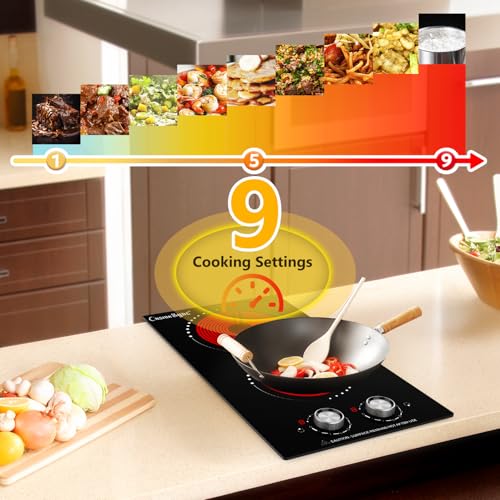 Image of 12 Inch 2 Burner Electric Cooktop, 110V Plug-In, 2000W | Ceramic glass cooktop with knob heat control for countertop or built-in use in compact kitchens and RVs