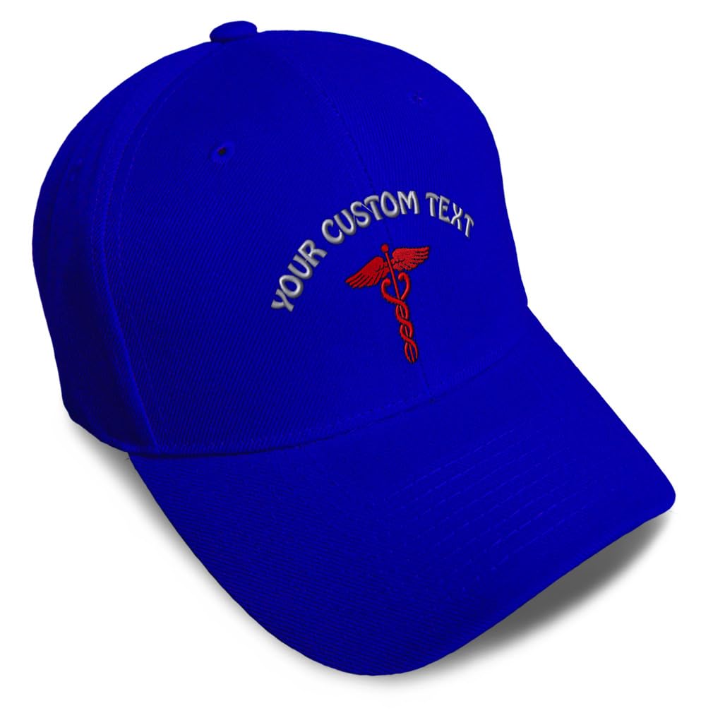 Custom Baseball Caps for Men & Women Embroidered Red Medical Caduceus Symbol Embroidery Ladies & Men Baseball Hats Acrylic Royal Blue Personalized Text Here