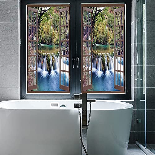 Waterfall Decorative Window Film, Wide Waterfall In Deep Forest Seen From City Window, Glue Free Static Privacy Pvc Window Film, W35.4 X L78.7 Inch Green #TOP4