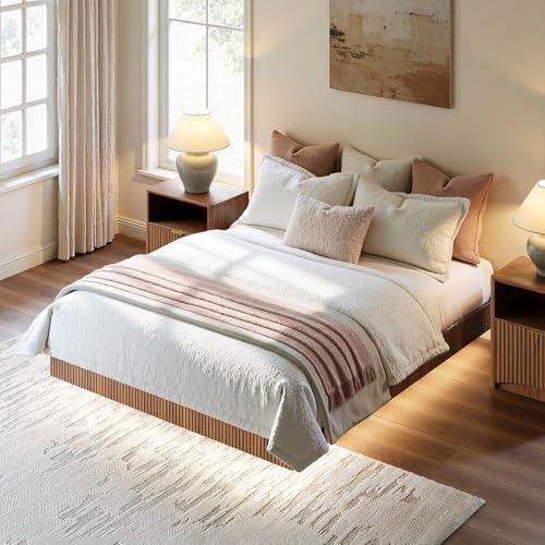 Image of Evermagin Walnut Queen Floating Bed Frame with led Lights, Fluted Platform Bed No Headboard, Heavy Duty Mid Century Modern Float Metal Bedframe, No Box Spring Needed (Walnut, Queen-10in high)