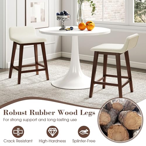 Conjunto de 4 butacos tapizados de madera COSTWAY, altura 24 pulgadas, color marrón + beige | Butacos sin brazos con respaldo bajo, reposapiés resistente y patas de madera de caucho para isla de cocina, bistró y comedor miniatura 4