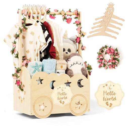 Image of TDHZXEM Wooden Baby Shower Basket with Hanger Rack - Personalized Baby Gift, Newborn Essentials Organizer for Nursery, Welcome Gift Basket for Newborn, Pregnancy Gifts for New Parents.