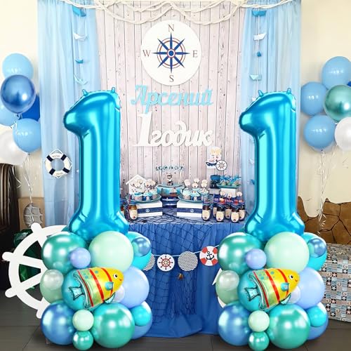Image of Blue Number 1 Balloon 40 Inch Ocean Under the Sea Number One Foil Balloons Tower with Shark Bubble Fish for Boys First 1st Birthday Party Decor Green Underwater Digital Aluminum Balloons Stack