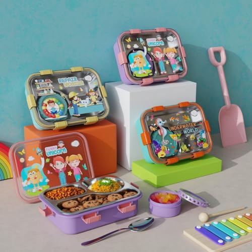Image of Clazkit Lunch Box 3 Compartment Leak-Proof BPA Free Stainless Steel, Lunch Box for Kids, Lunch Box for School & Office with Spoon -Purple