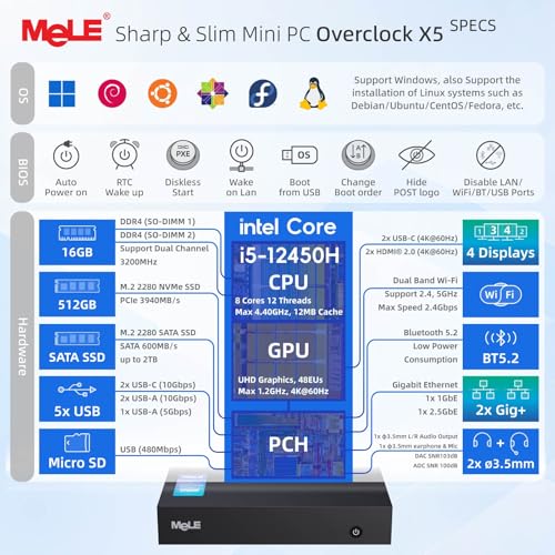 Image of MeLE Overclock X5 Core i5-12450H (8C /12T, up to 4.4GHz) Mini PC 16GB DDR4 512GB SSD Win11pro Ultrathin Micro Desktop Computer with 2X HDMI + 2X USB-C 4K Quad Display, 1G+ 2.5G Dual LAN, WiFi5 BT5.2