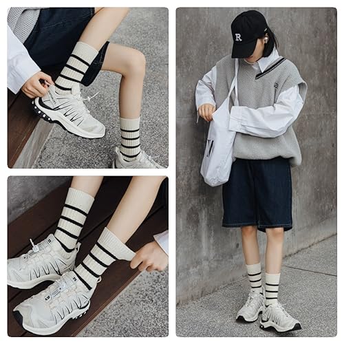 Image of 5 /10 Pairs Retro Style Colorful Striped Socks, Cute Athletic Crew socks for Women