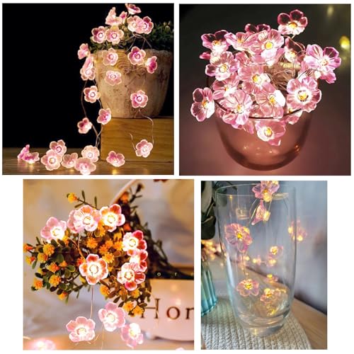 JZK 3m Warm White led Pink Flower String Light Solar Powered Silver Copper Wire Fairy Lights Waterproof Outdoor Garden Decorative Light for Christmas Party Wedding Decoration Bedroom Ornament - Image 3