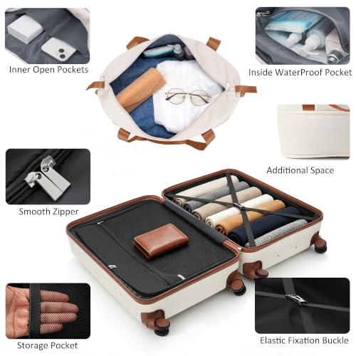 Image of 4-Piece Luggage Set, Suitcase with TSA Lock Travel Duffel Bag Wet-Dry Toiletry Bag, Ivory Front-Opening