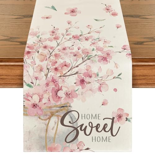 Table Runner 183 x 33 cm, Sakura Floral Leaves Spring Tables Runner, Table Runners for Dining Tables Spring Summer Easter Baby Shower Sweet Home Party Decor