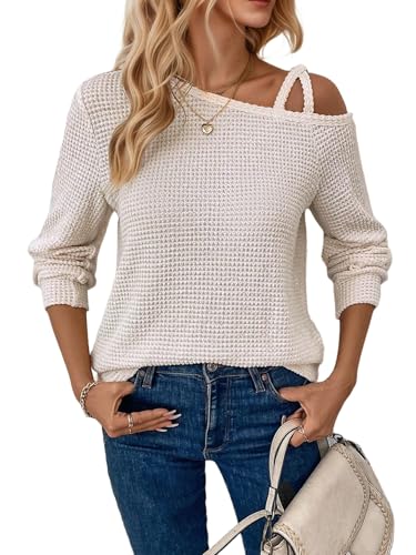 Womens Off Shoulder Waffle Knit Sweater Trendy Crossed Starp Long Sleeve Sweaters Casual Solid Loose Fit Pullover Top