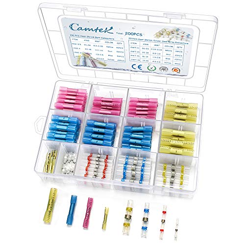 200pcs Heat Shrink Connectors, Camtek Heat Shrink Butt Crimp Connectors & Solder Seal Wire Connectors Electrical Connectors Waterproof Marine Wire Terminal Kit (26-10GA)