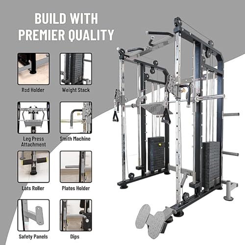Image of Gym24 Functional Trainer with Smith Machine Home Gym Setup G24FTS501 | Dual 80 kg PVC Weight Stack | Multi Gym with Leg Press Pull Up Dip Bars T Bar Row | Grey Black