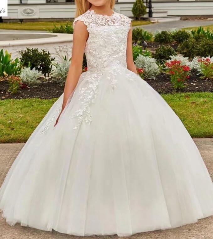 Puffy Tulle Flower Girl Dress for Wedding Lace Appliques First Communion Dress for Girls Long Sleeveless Pageant Gown2