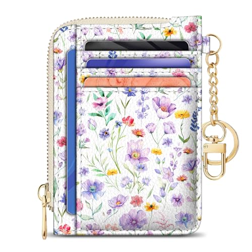 Image of GIANCOMICS Slim Wallet Credit Card Holder Women, Purple Flower Rfid Blocking Small Card Case, Keychain Thin Pocket Curved Zipper Wallet, Travel Card Holder PU Leather ID Window, Ladies Female Gifts