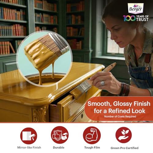 Image of BERGER Luxol Hi-Gloss Enamel Paint | Oil-Based | Mirror Like Durable Weather Resistant High Gloss Finish | for Interior & Exterior Wall Wood Metal Surfaces | Green Pro Certified (1L,Golden Brown)