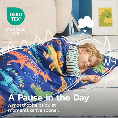 Image of JOIEDOMI Toddler Sleeping Bag for Kids 55''x30'' Nap Mat with Removable Pillow and Minky Blanket for Toddler Ages 3-7 Roll Up Soft Kids Sleeping Bag for Boys Girls Kindergarten Daycare Sleepover