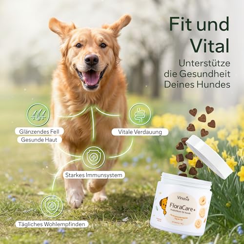 FloraCare+ Probiotika Hund – Darmkur bei Durchfall, Blähungen & Sodbrennen | Darmflora aufbauen & Magen-Darm stärken | Präbiotika + Probiotika für Hunde | Magenschutz & Darmwohl | 60 Stück