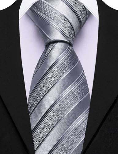 Image of Barry.Wang Silk Men Ties Formal Stripes Necktie and Tie Clip for Wedding Party Business Fashion Classic