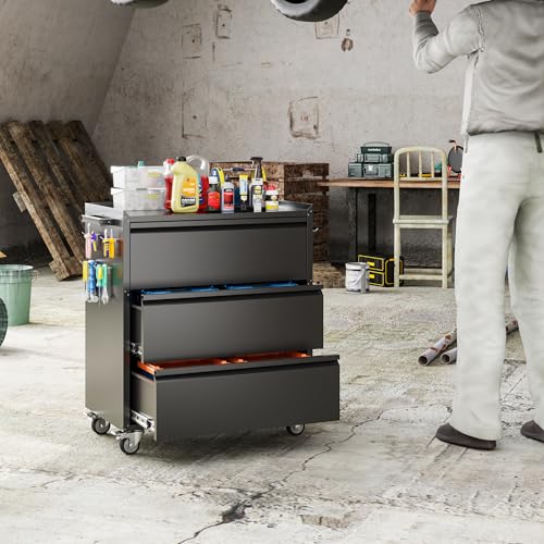 Image of 35.5 inch Rolling Tool Cabinet with 3 Drawers and Side Pegboards