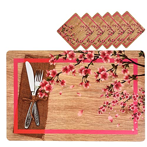 Orientalweavers 6 Pcs Table Mats with 6 Pcs Coasters Set for Dining Table Kitchen Table Mats – Heat Resistant Stain Resistant Non-Slip Washable Easy Clean, Size -12x18Inches, Coaster-4x4Inches, Wooden Light Brown