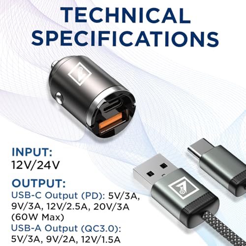 Image of ONE 7 60W Dual Port Car Charger | Super Fast Charging Mini Metal Charger Adapter | USB + Type-C Output | Compact All-Metal Build | Compatible with Phones, Tablets & GPS Devices - Black (ON QCC-29)