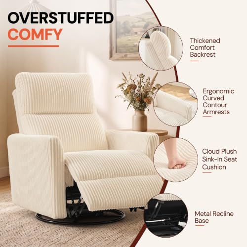 Image of Korser 360 Swivel Glider Rocker Manual Recliner, High Back Corduroy Recliner with Curved Armrests, Beige Nursery Rocking Reclining Chair for Living Room Bedroom Adults