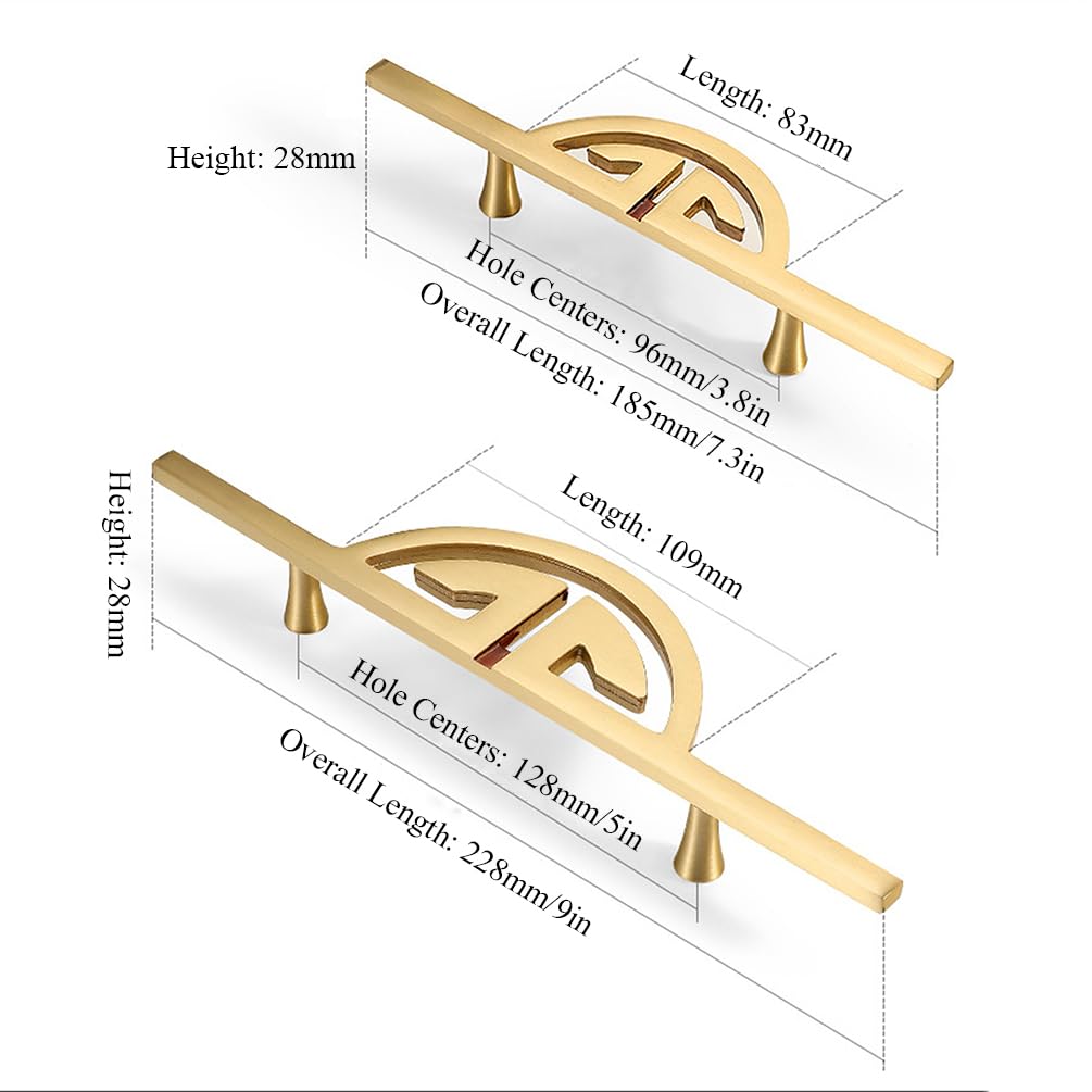 Maniglie per armadi in ottone Oro, Maniglie for armadietti da cucina, spaziatura tra i fori dorati, 96 mm/128 mm, confezione 2, in ottone massiccio(Hole spacing: 96mm/3.8in)