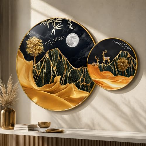 Image of Livin'luxe Premium Golden Mountain Moon Round Wall Painting with Golden PVC Frame, Luxury Gold Landscape Wall Art for Living Room Bedroom Home Decor