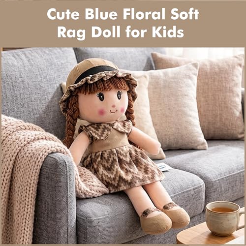 Image of Apollo Toys Soft Cloth Doll for Kids | Cute Braided Girl Plush Toy with Hat | Premium Cotton Stuffed Soft Toy for Girls | Birthday Gift for Kids | Safe & Washable Doll (Blue Dress, 50 cm) (Brown)