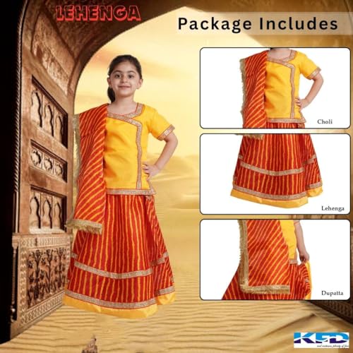 Image of Kaku Fancy Dresses Traditional Radha Costume for Girls - Red & Yellow Lehenga Choli with Dupatta | Indian Mythological Fancy Dress for Janmashtami - 14-17 Years