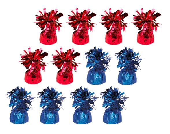 Pack of 6, 12 & 24 Heavy Balloon Weights (5cm x 13cm / Helium Latex Balloon Weight Fountain Table Floor Tassle Cone Birthday Party Accessory with Ribbon Roll (Red & Blue, 12 Qty)